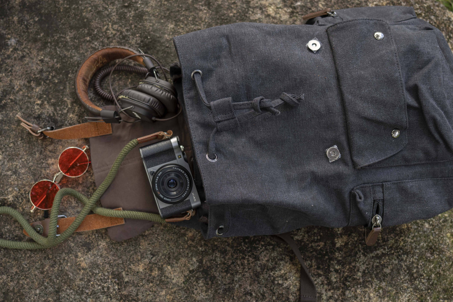 large casual canvas backpack with straps in black