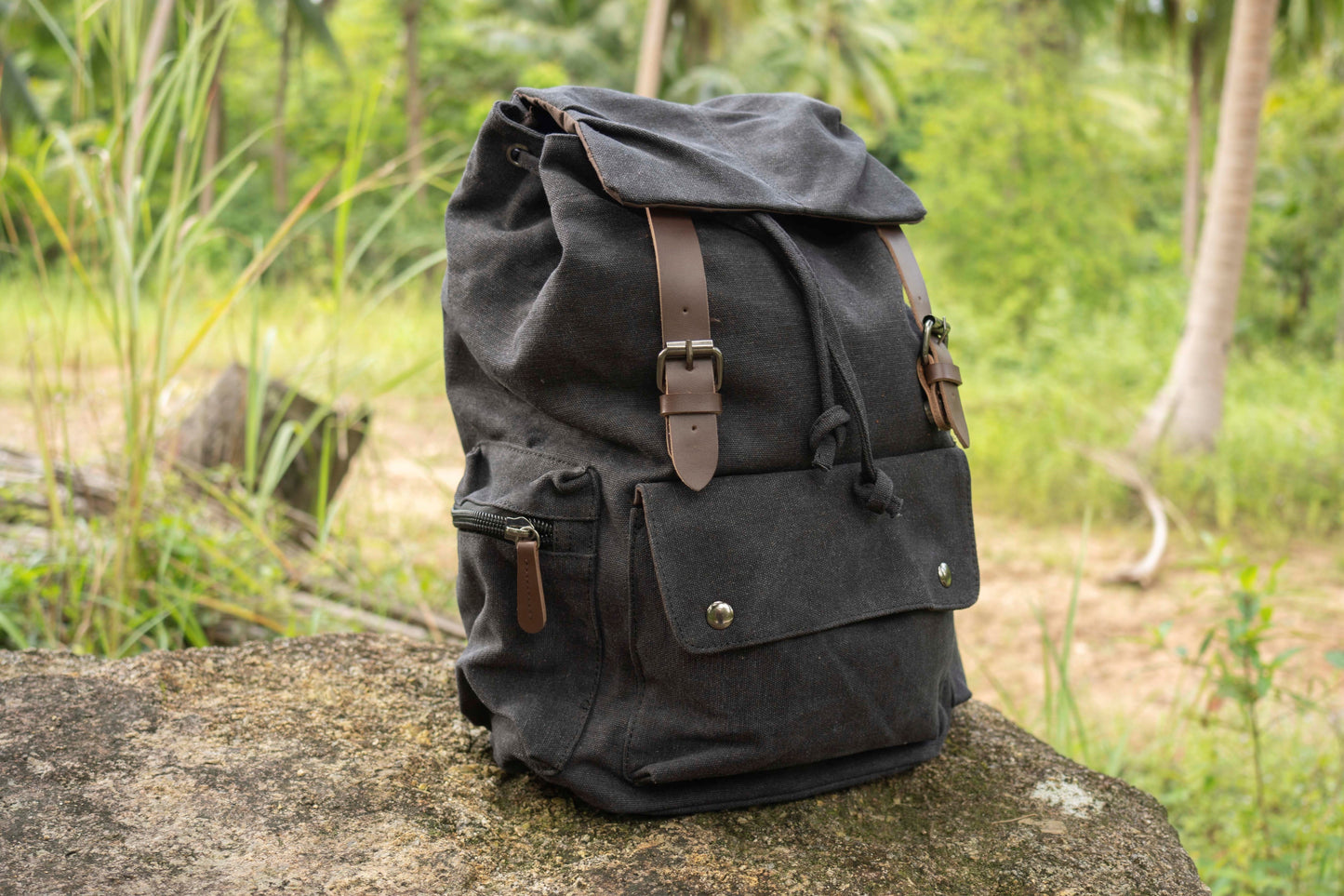 large casual canvas backpack with straps in black
