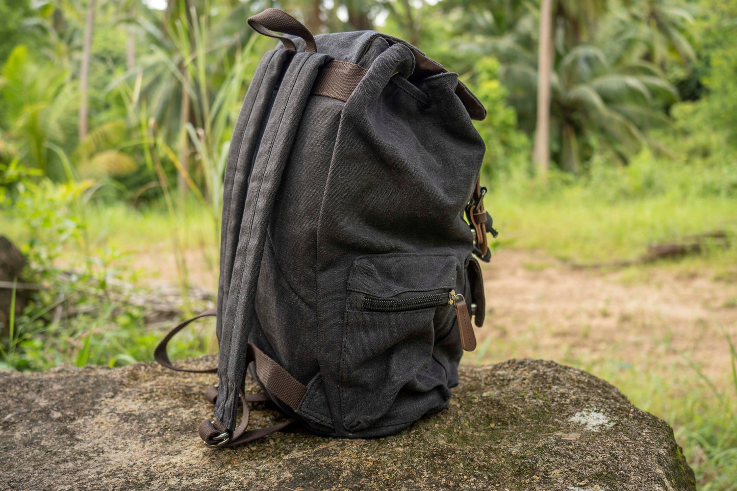large casual canvas backpack with straps in black
