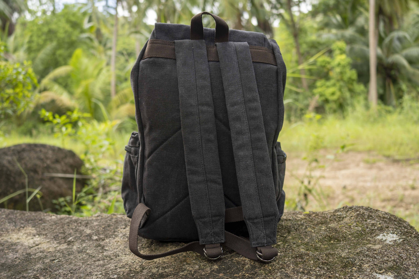 large casual canvas backpack with straps in black