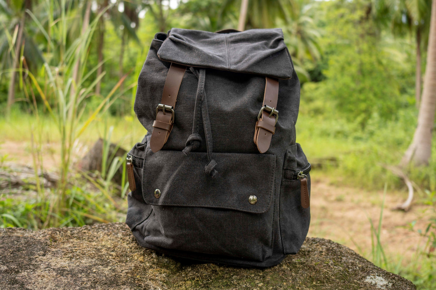 large casual canvas backpack with straps in black