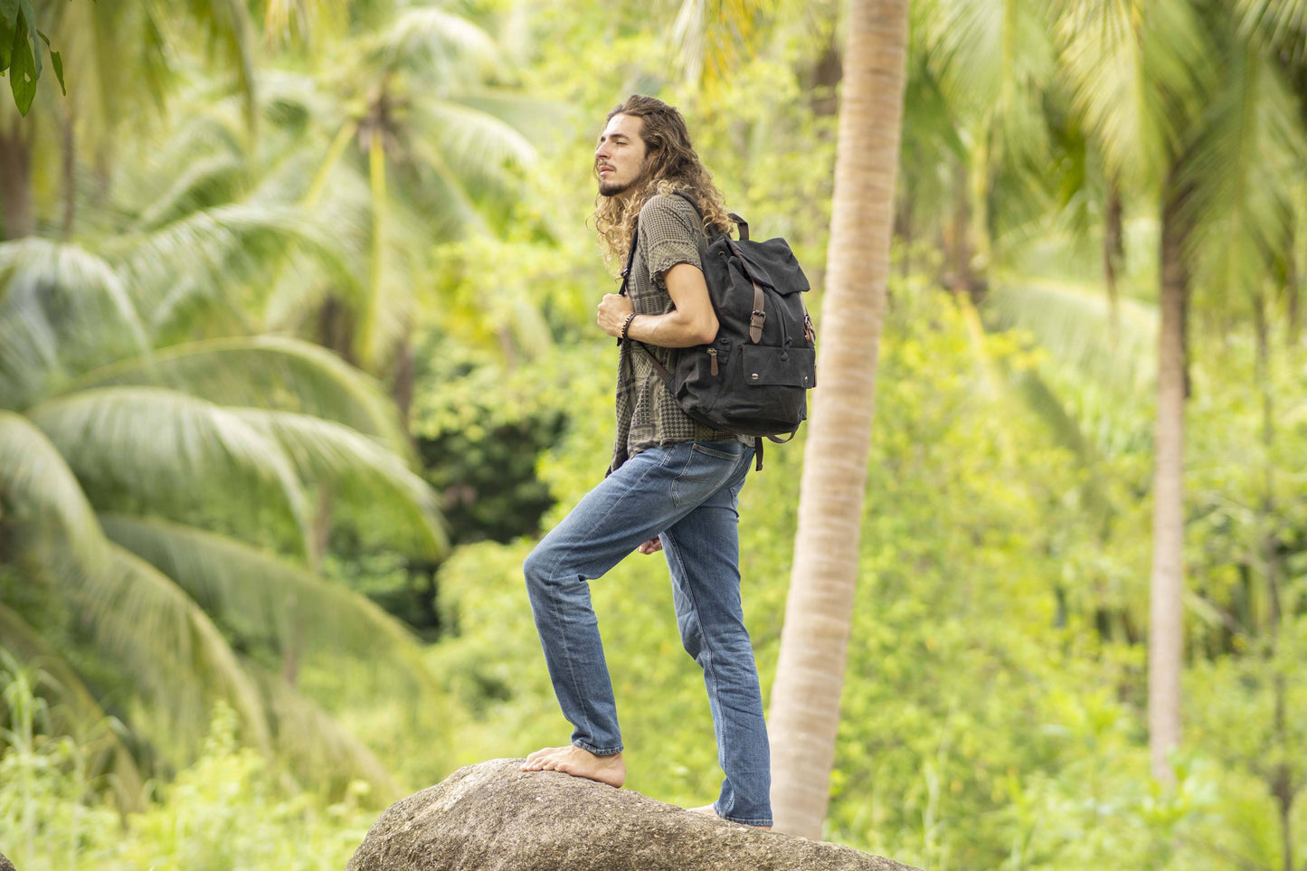 large casual canvas backpack with straps in black