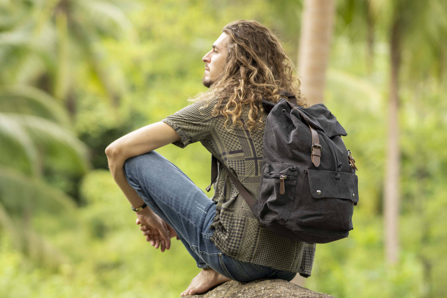 large casual canvas backpack with straps in black
