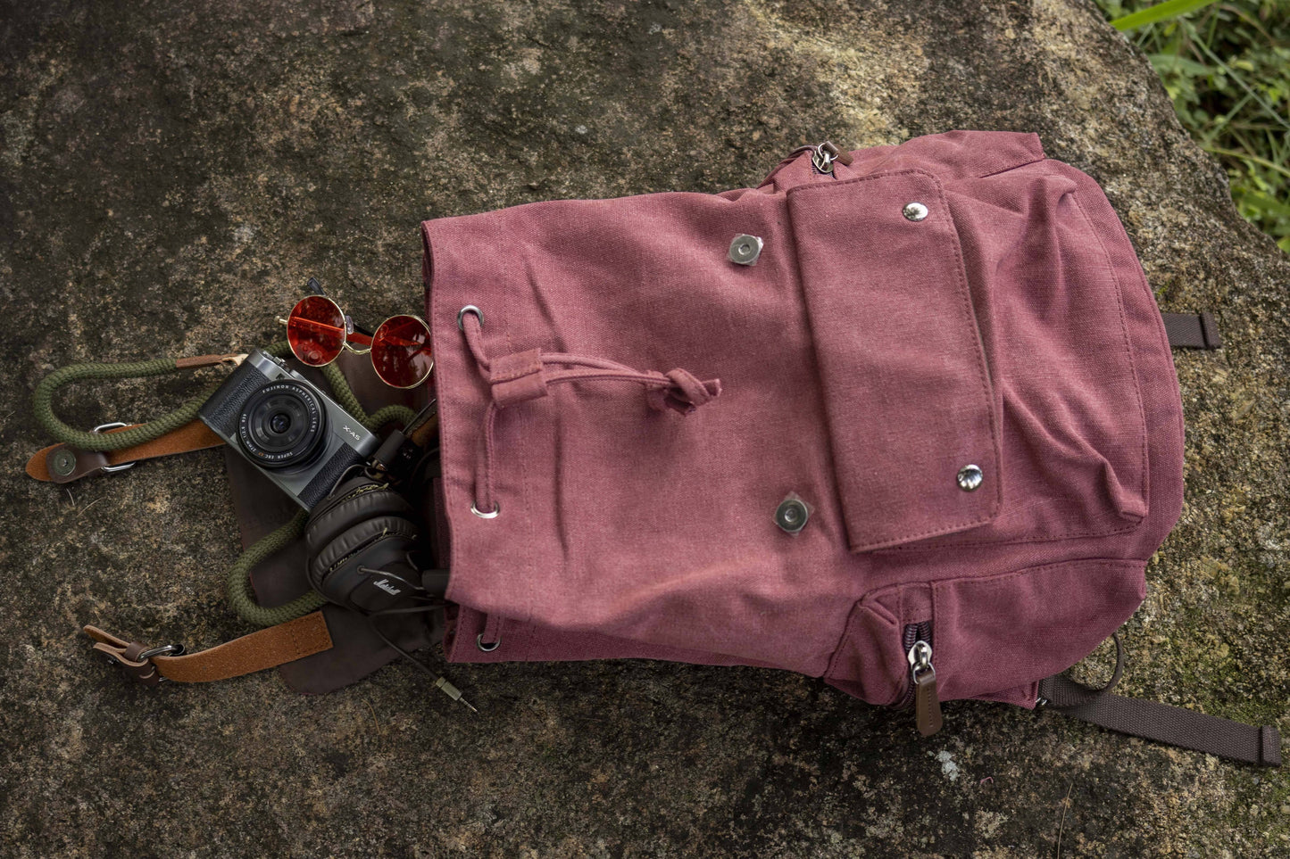 large casual canvas backpack with straps in red