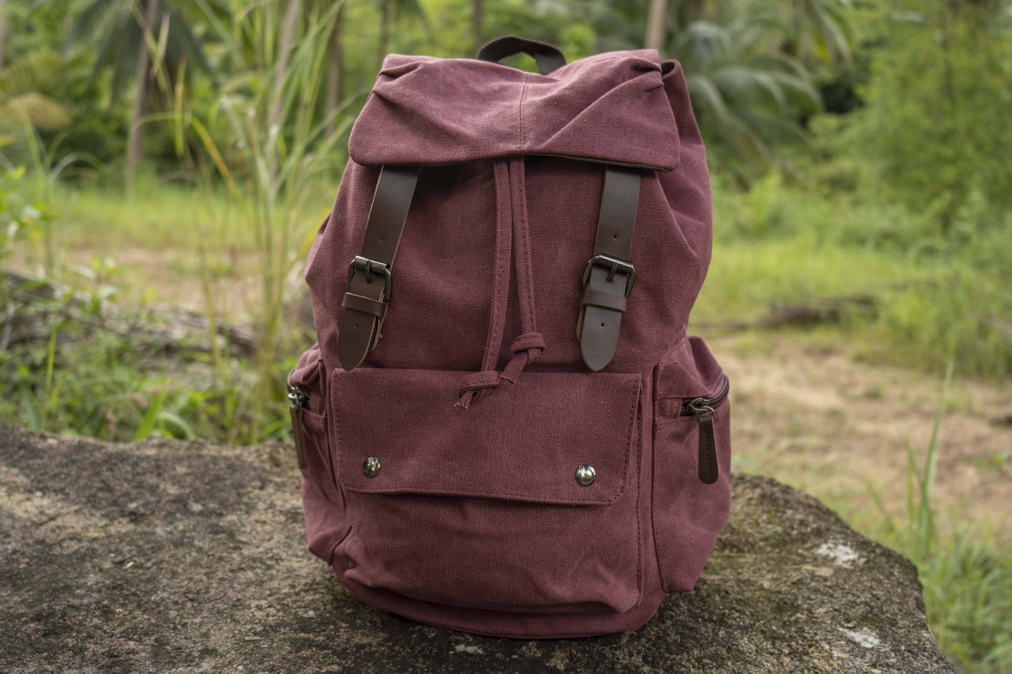 large casual canvas backpack with straps in red