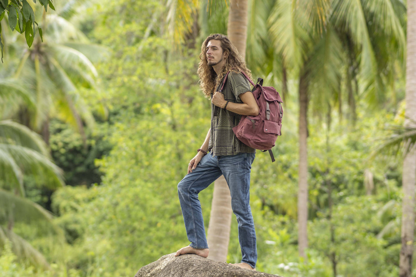 large casual canvas backpack with straps in red