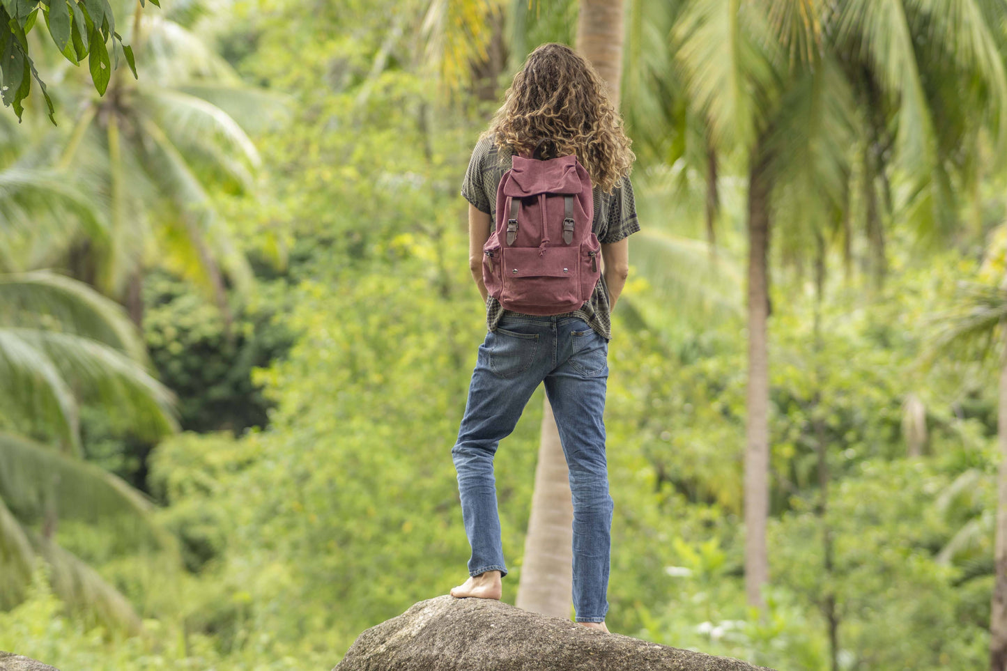 large casual canvas backpack with straps in red