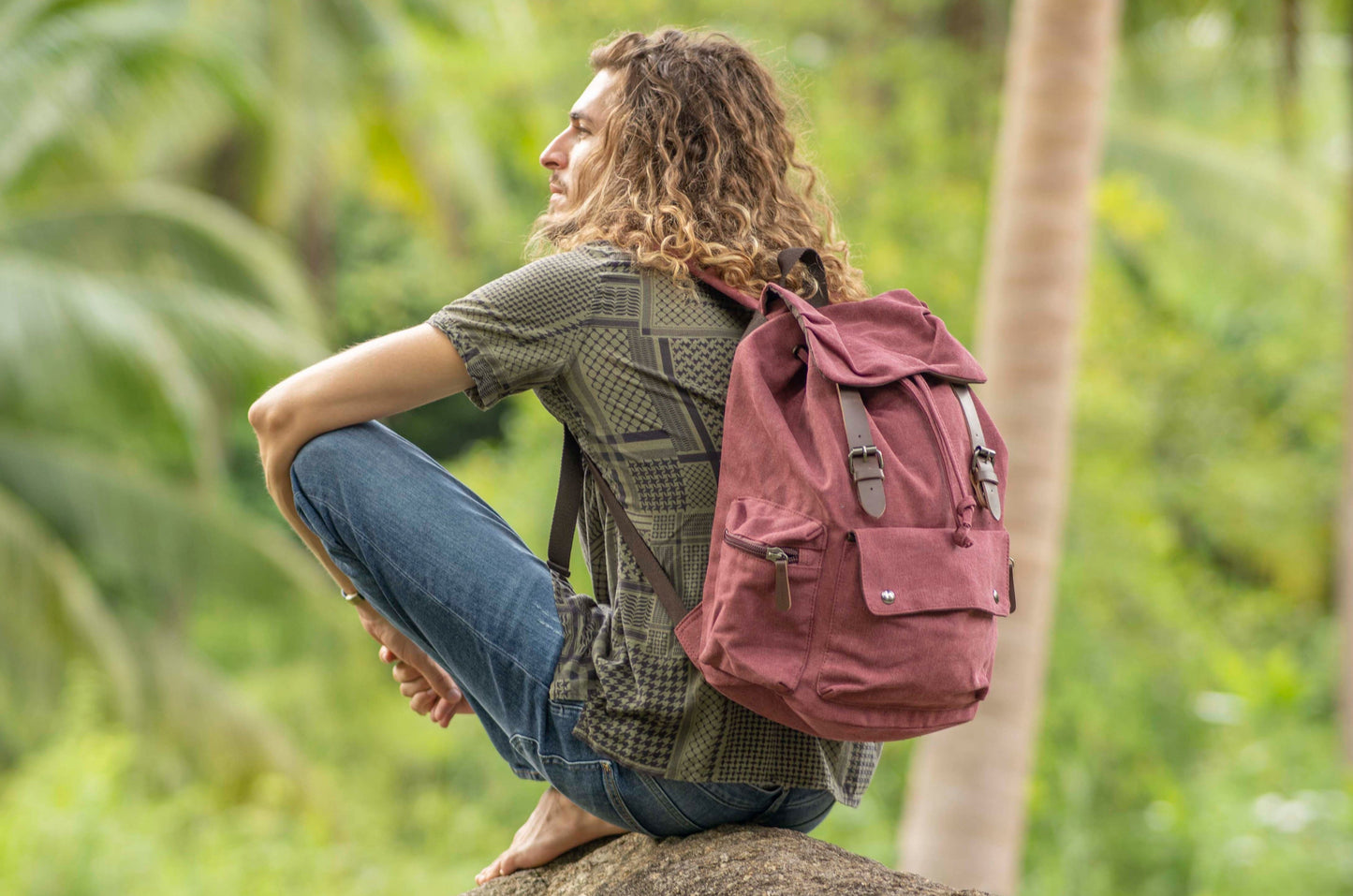 large casual canvas backpack with straps in red