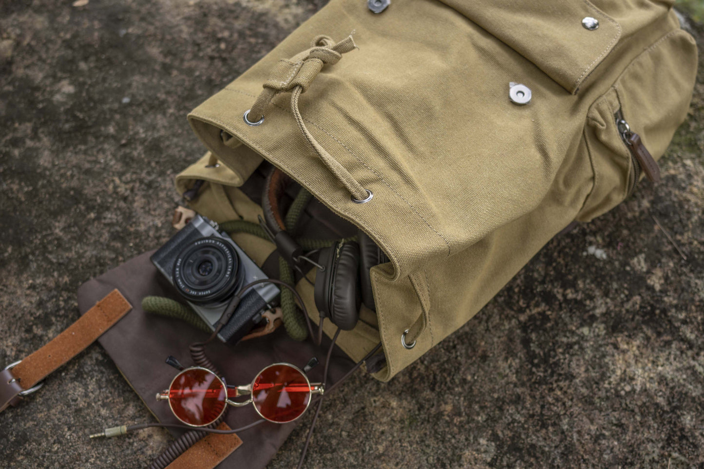 large casual canvas backpack with straps in beige