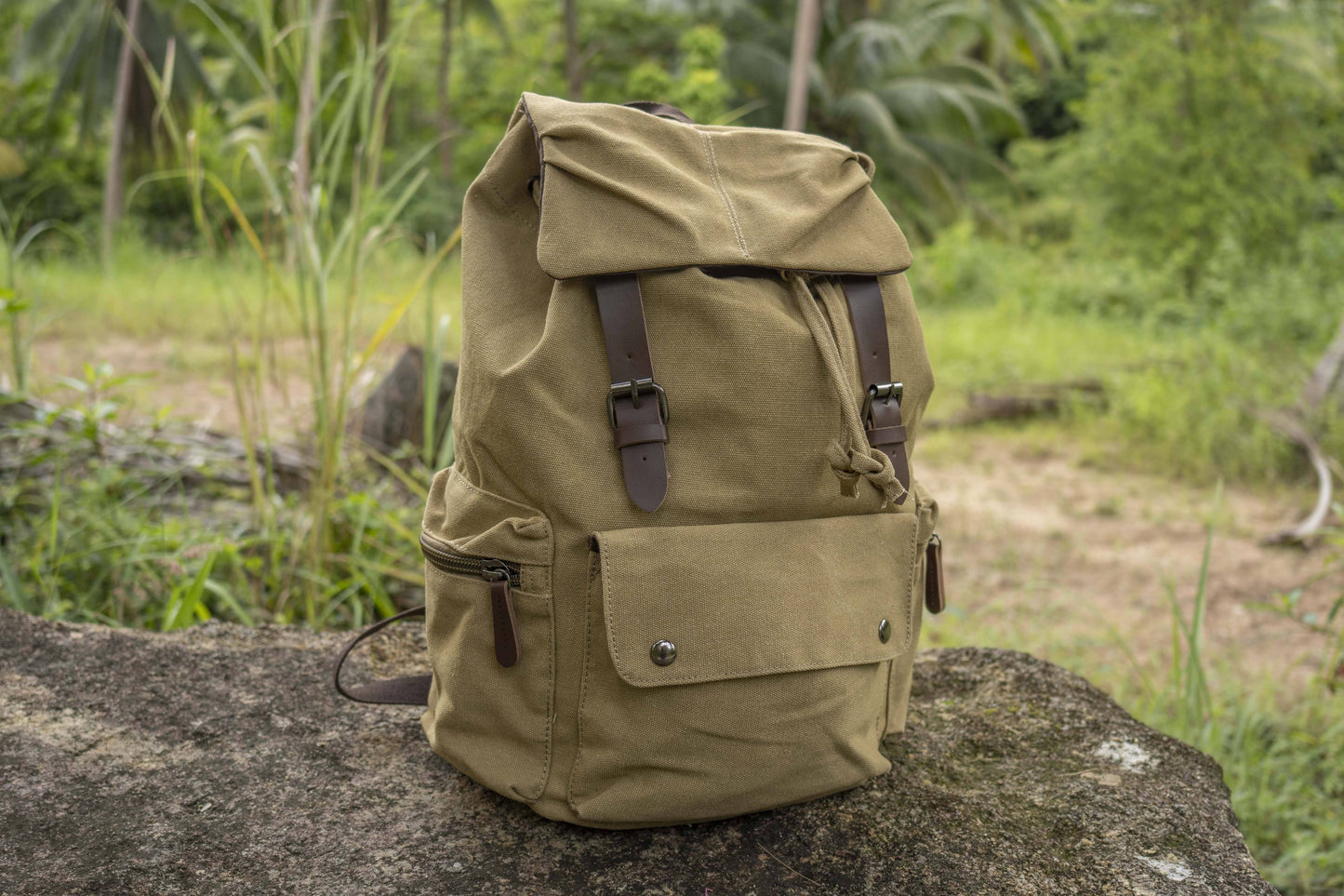 large casual canvas backpack with straps in beige