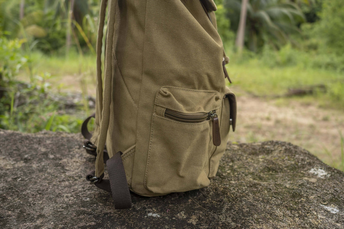 large casual canvas backpack with straps in beige