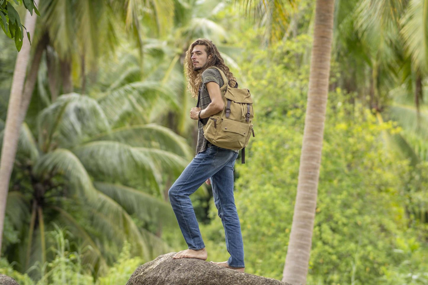 large casual canvas backpack with straps in beige
