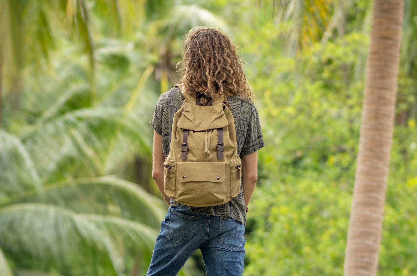 large casual canvas backpack with straps in beige
