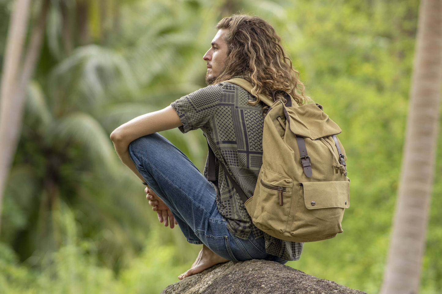 large casual canvas backpack with straps in beige