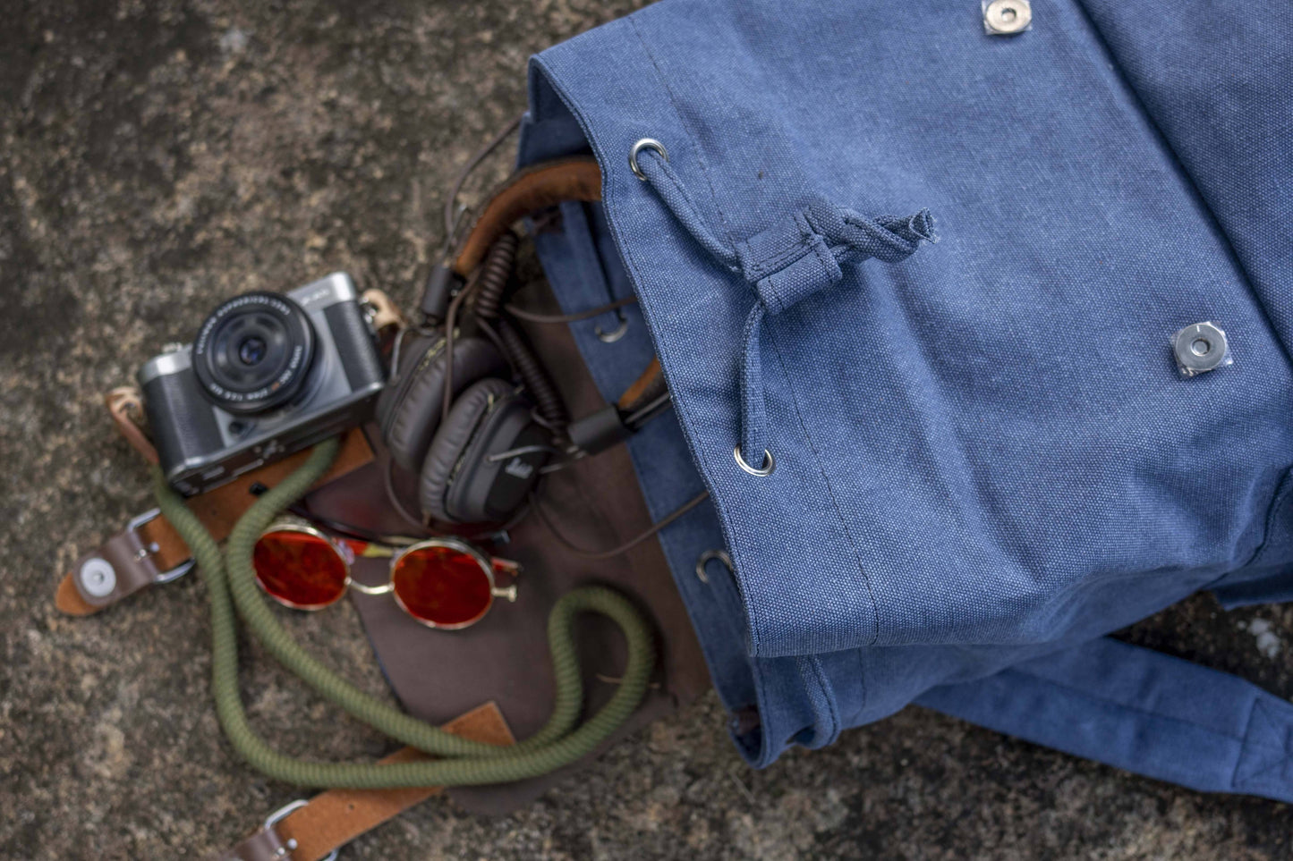 large casual canvas backpack with straps in blue