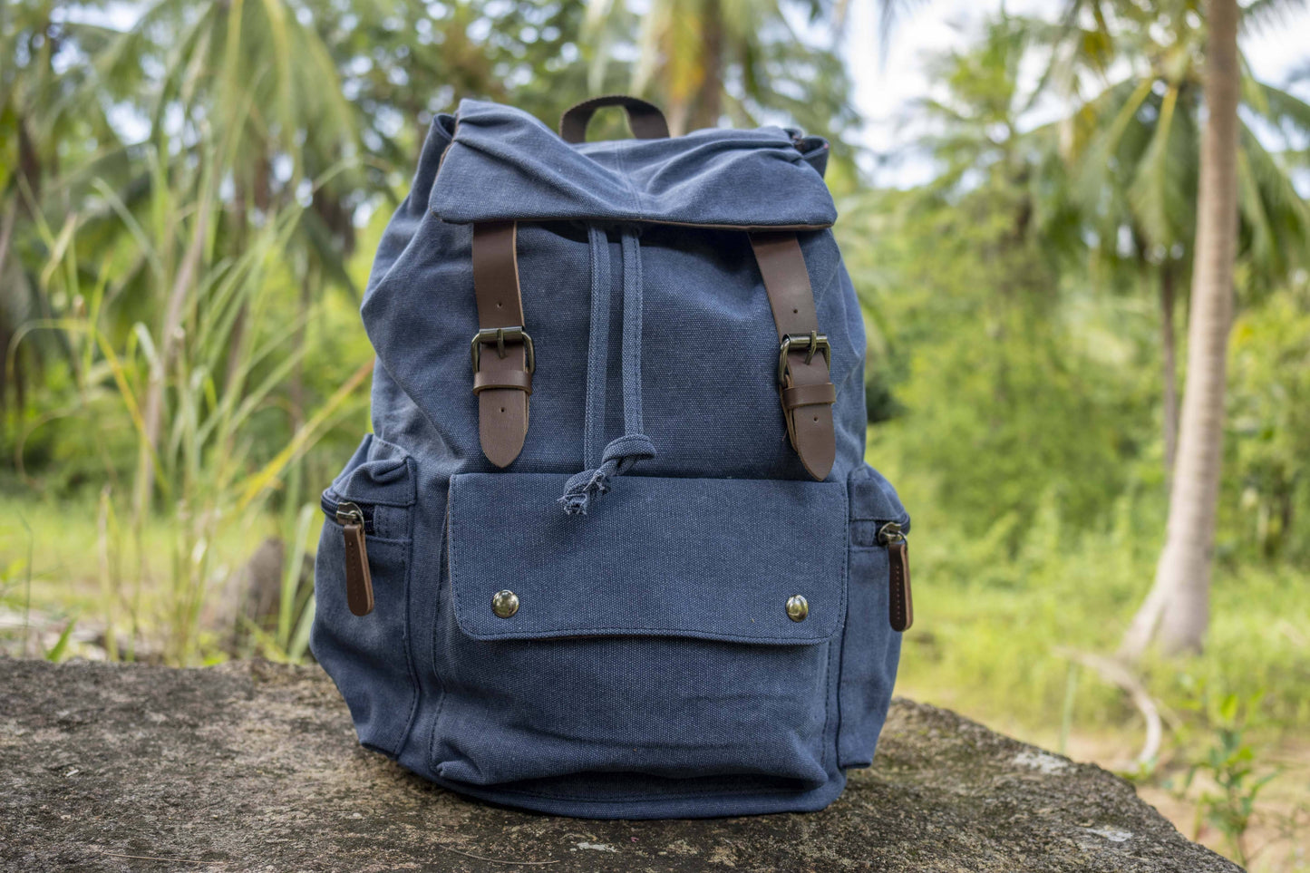 large casual canvas backpack with straps in blue