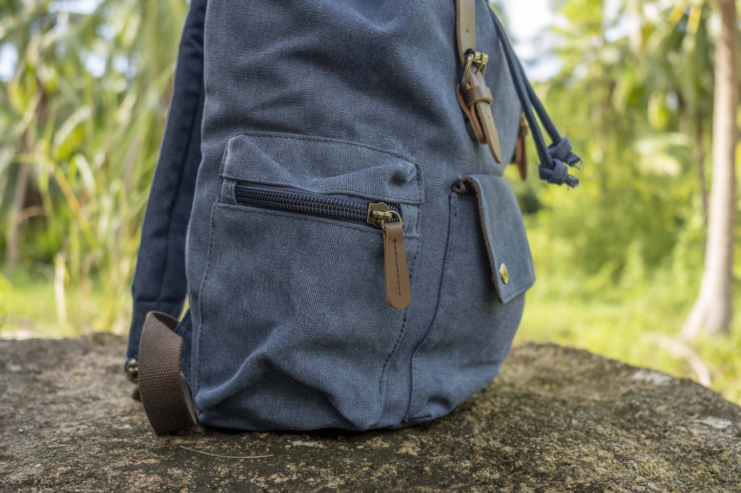 large casual canvas backpack with straps in blue