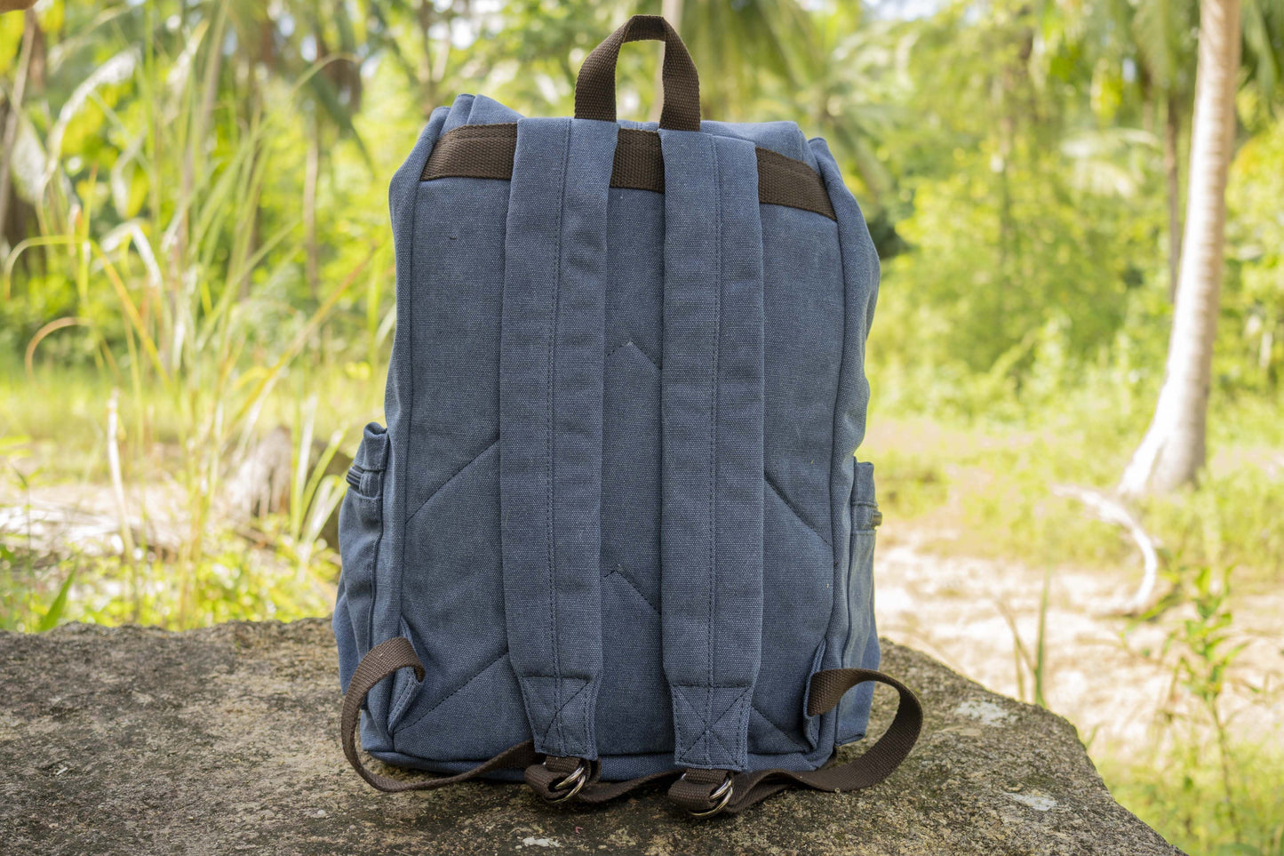 large casual canvas backpack with straps in blue