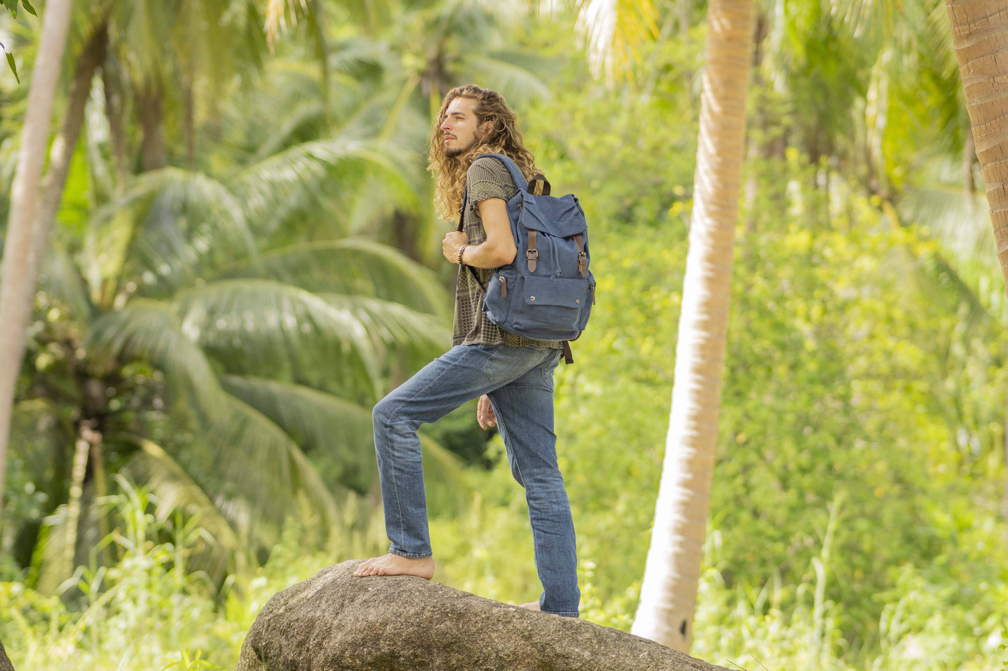 large casual canvas backpack with straps in blue
