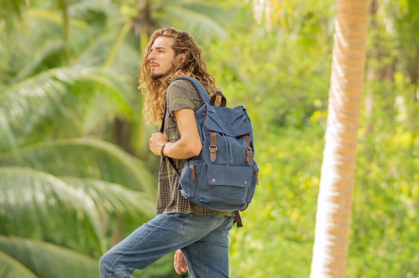 large casual canvas backpack with straps in blue