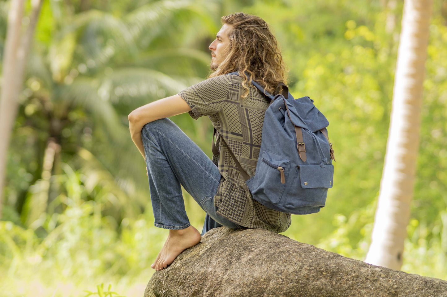 large casual canvas backpack with straps in blue