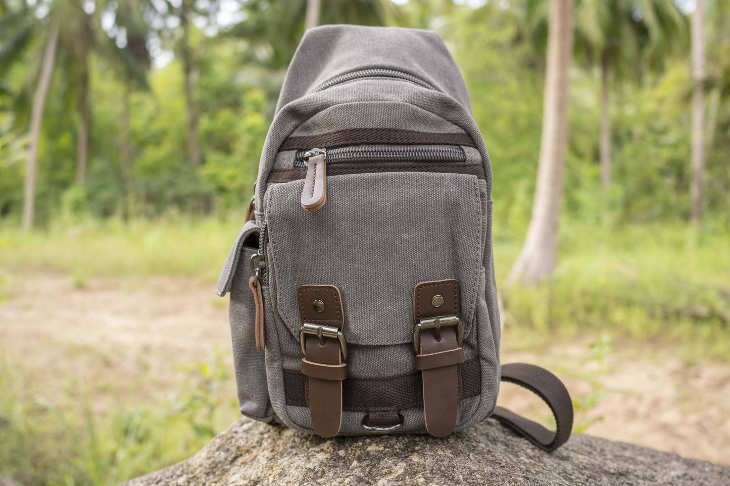 practical canvas shoulder bag with straps in gray