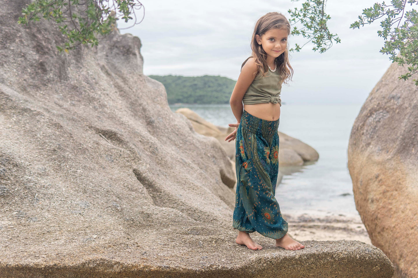 turquoise orange patterned harem pants with peacock pattern for children