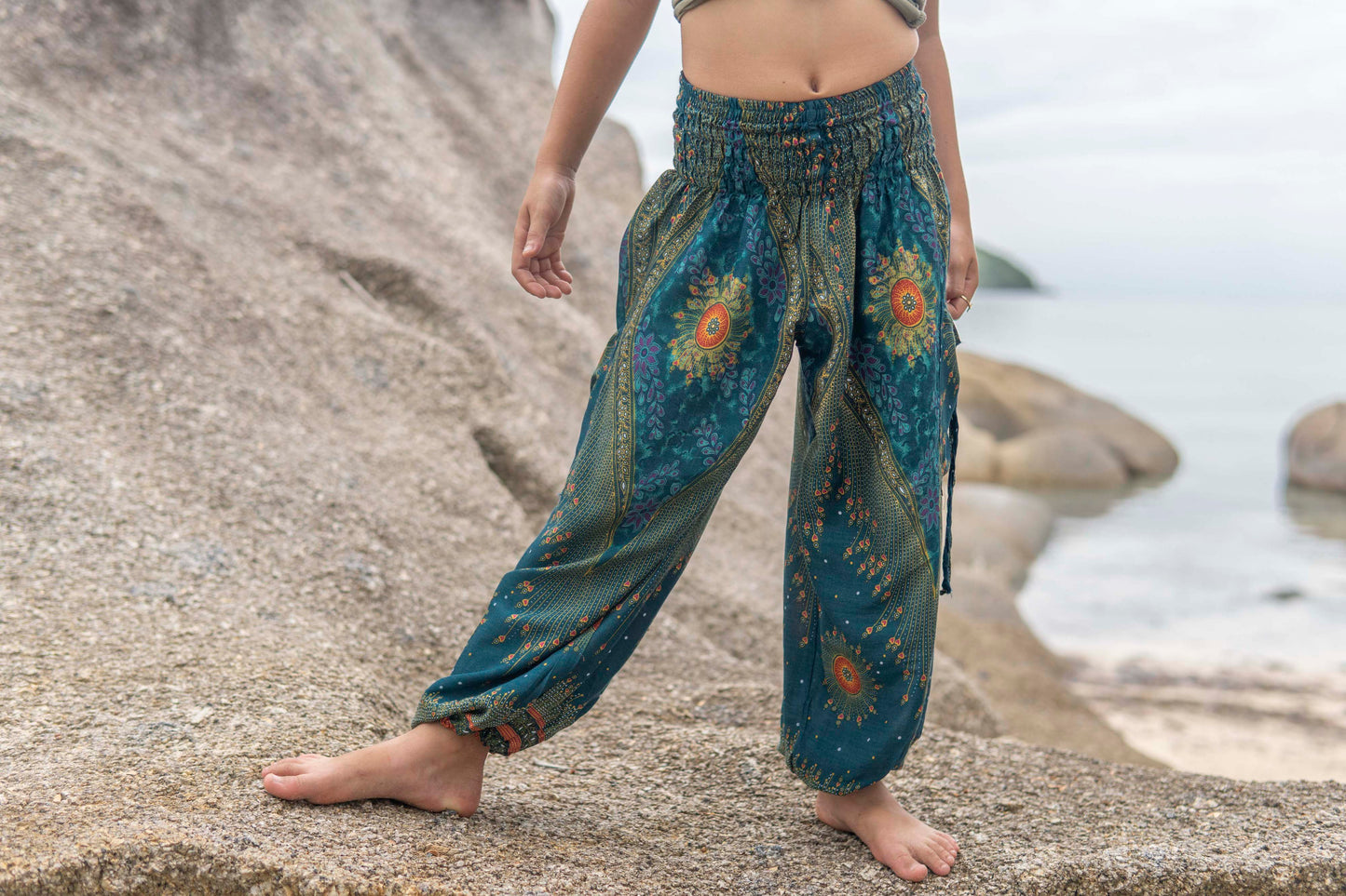 turquoise orange patterned harem pants with peacock pattern for children