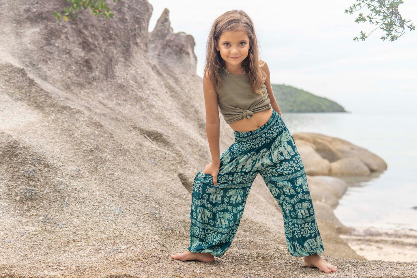 Airy harem pants light blue turquoise with elephants for children