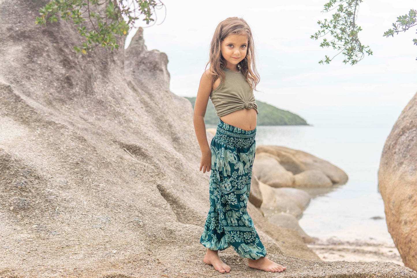 Airy harem pants light blue turquoise with elephants for children