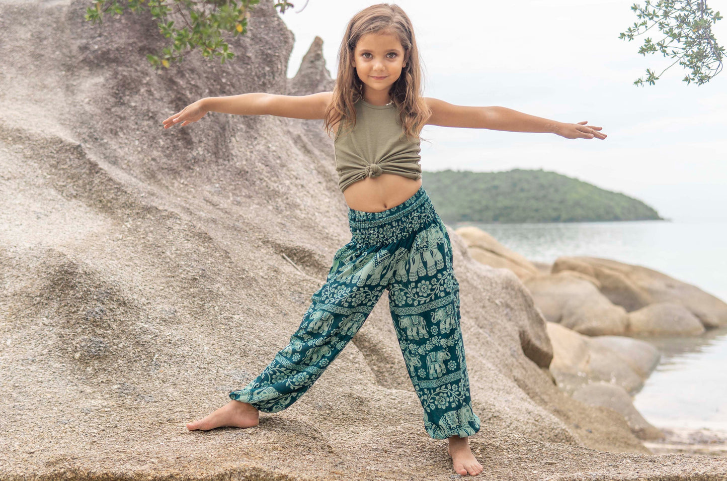 Airy harem pants light blue turquoise with elephants for children