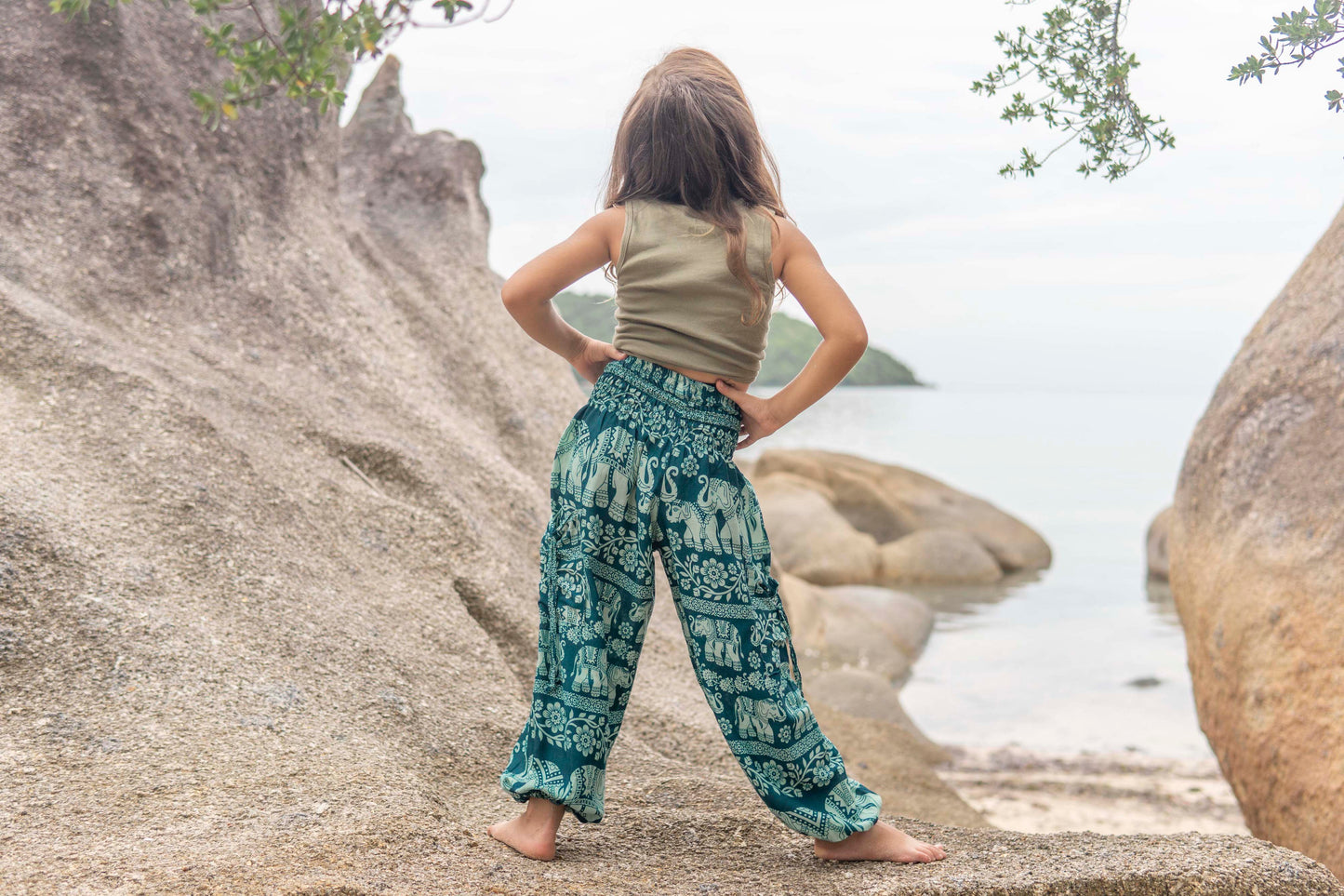Airy harem pants light blue turquoise with elephants for children