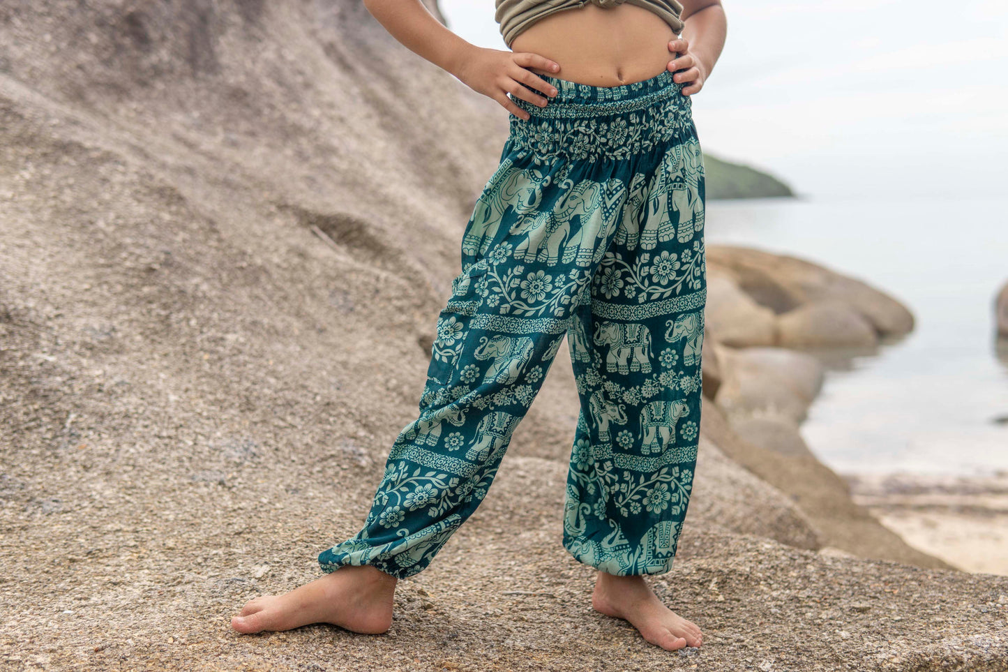 Airy harem pants light blue turquoise with elephants for children