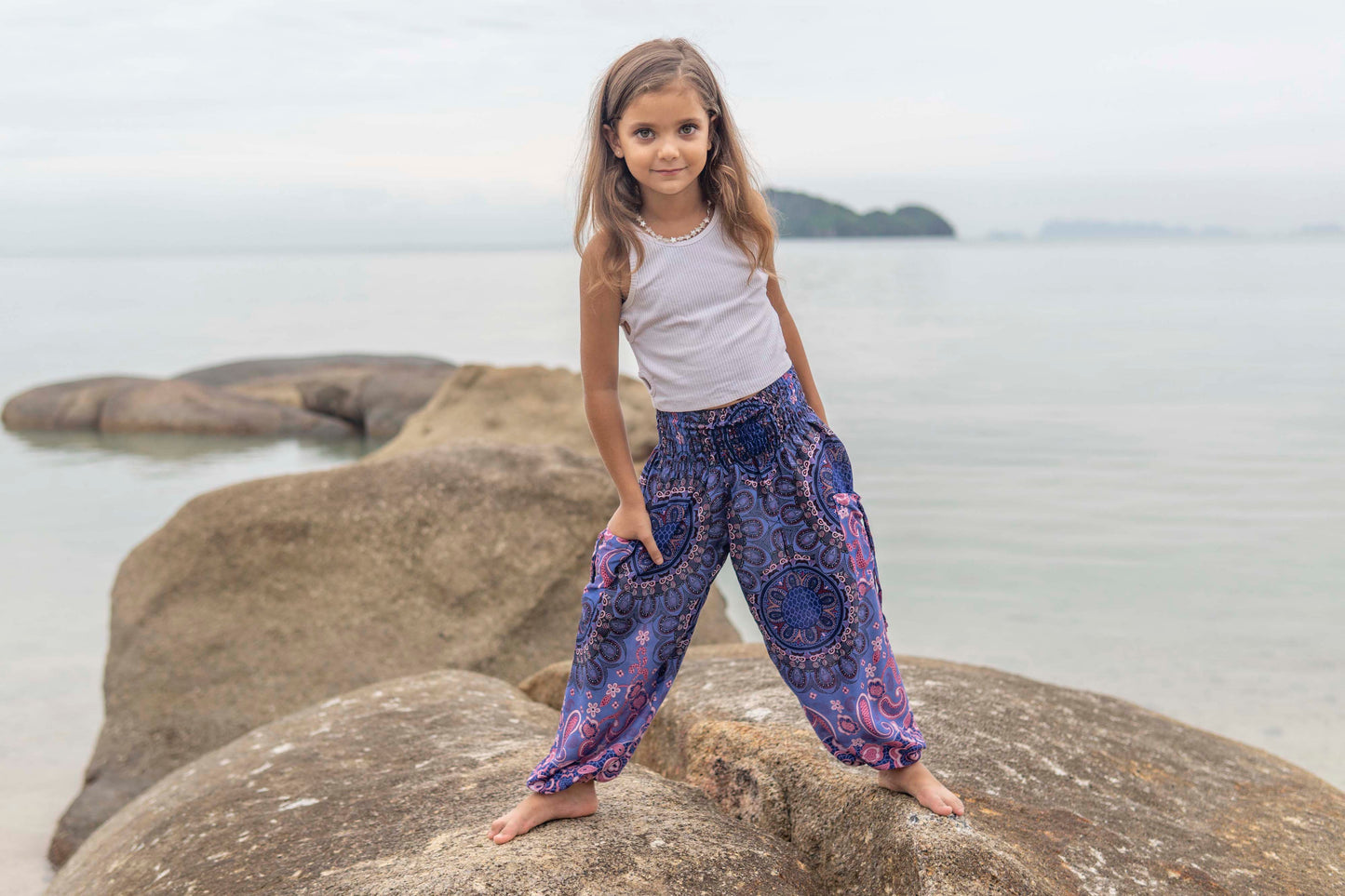 blue pink patterned harem pants for children