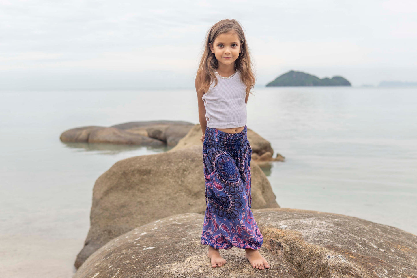 blue pink patterned harem pants for children