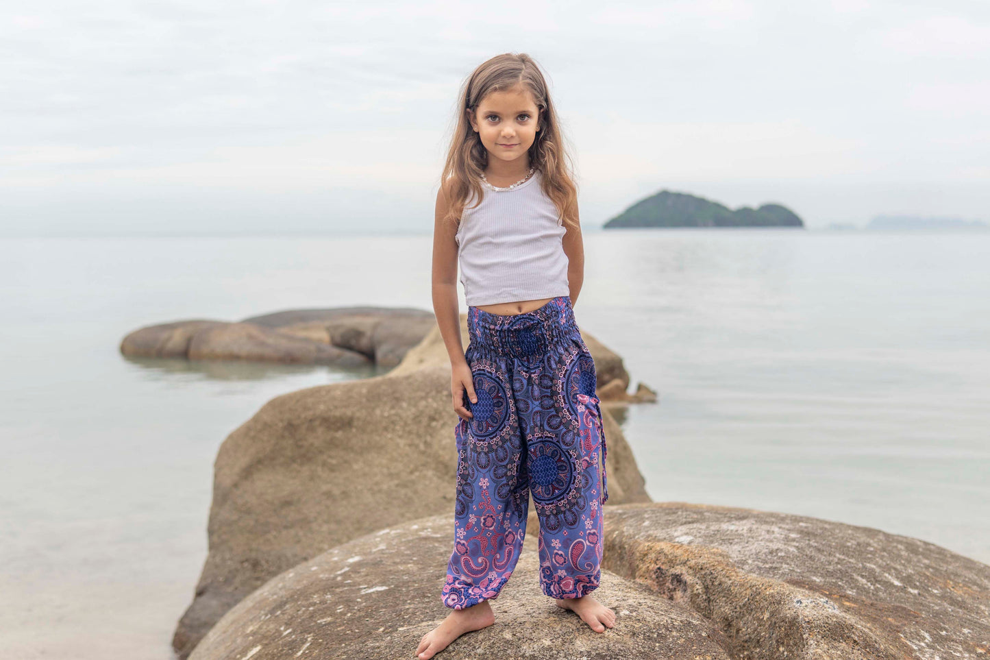 blue pink patterned harem pants for children