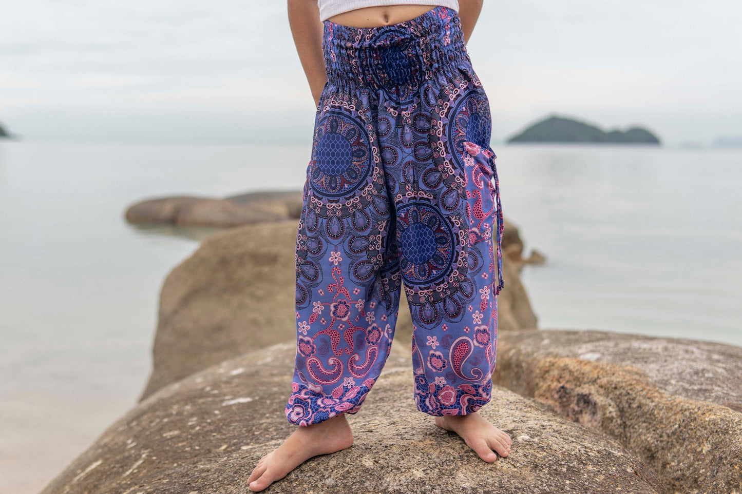 blue pink patterned harem pants for children