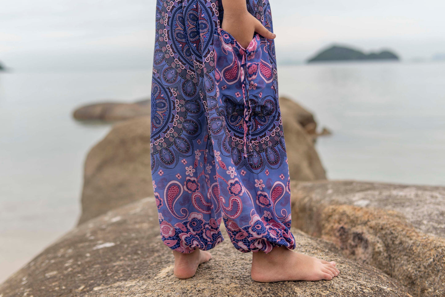 blue pink patterned harem pants for children