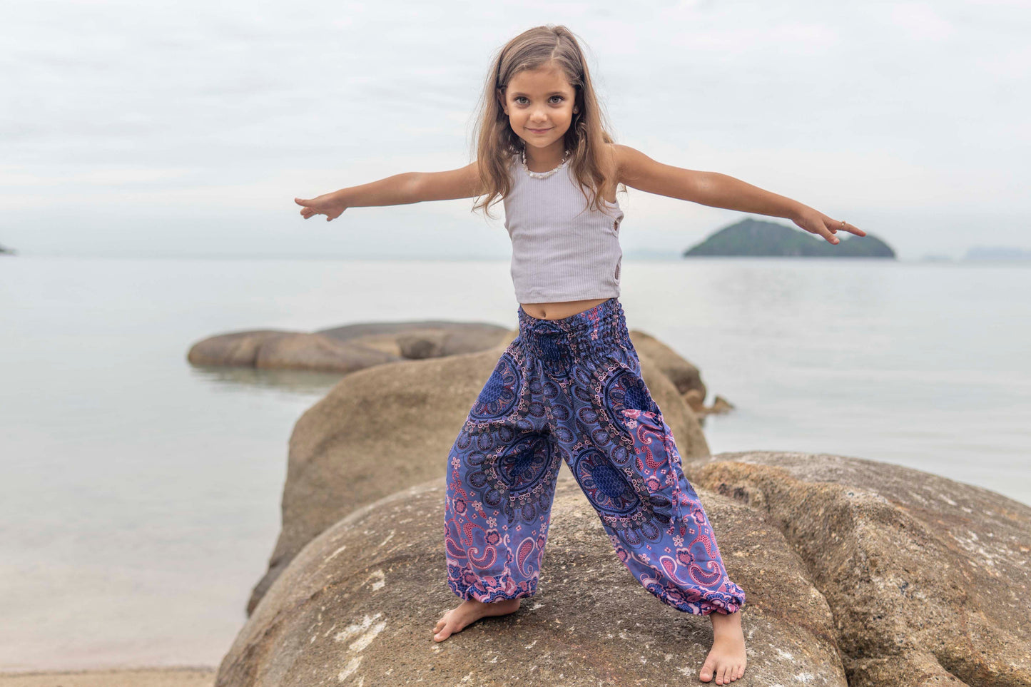 blue pink patterned harem pants for children