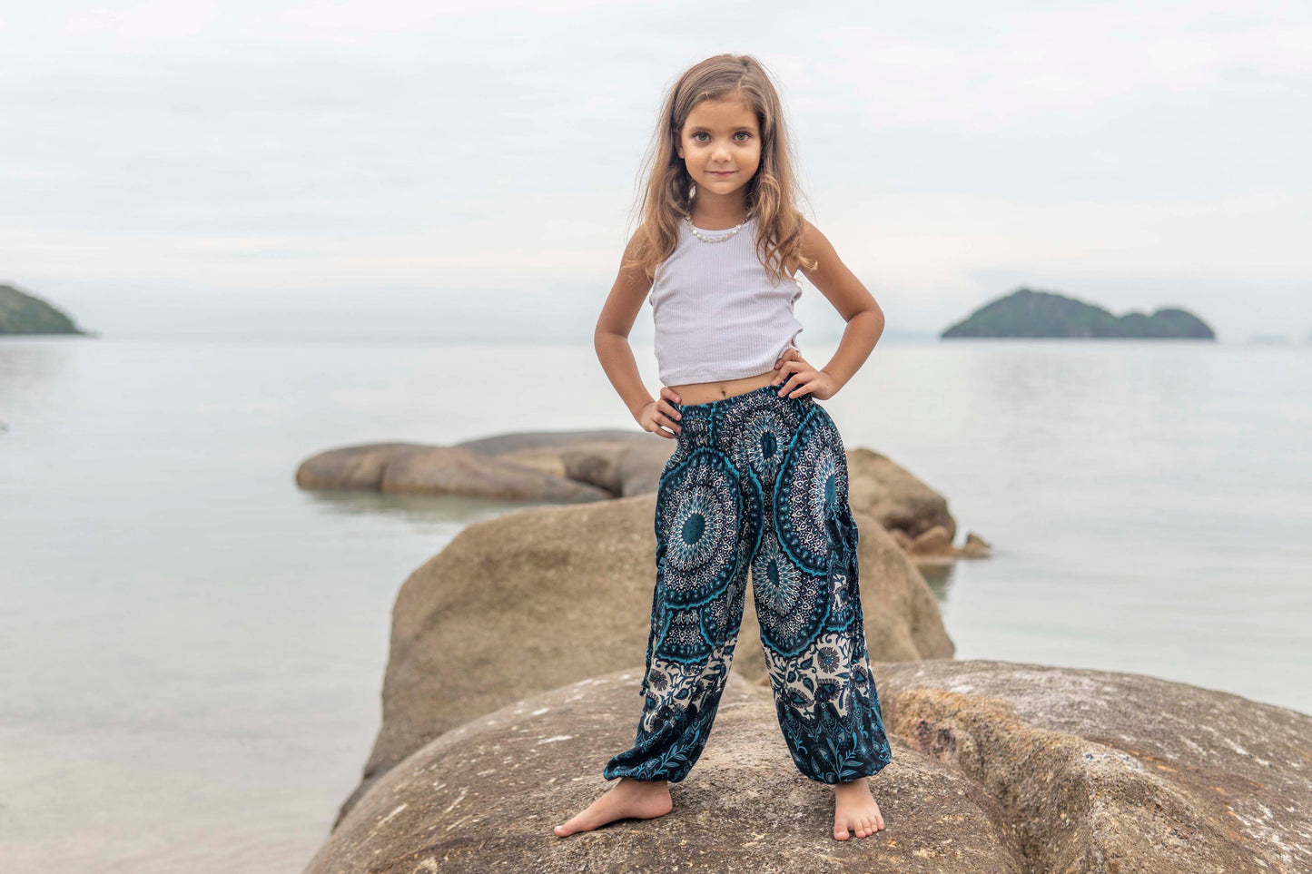 patterned harem pants with mandala pattern in blue and white for children