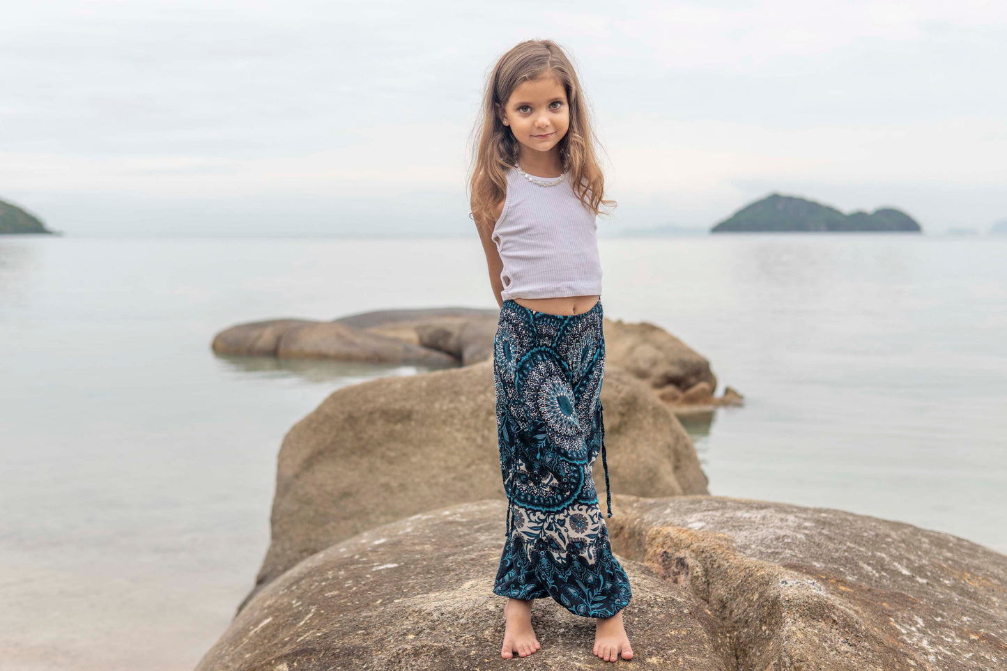 patterned harem pants with mandala pattern in blue and white for children