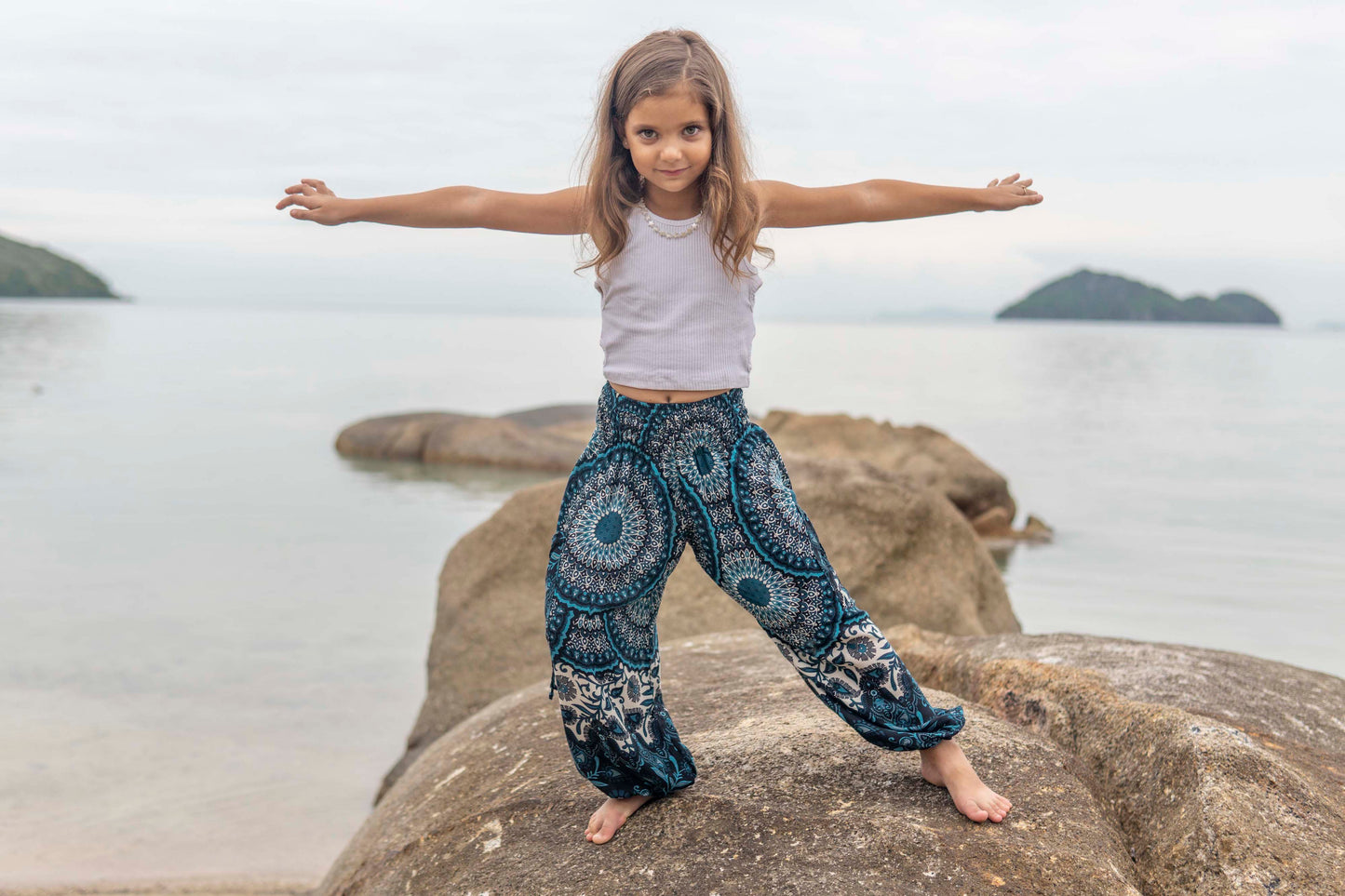 patterned harem pants with mandala pattern in blue and white for children