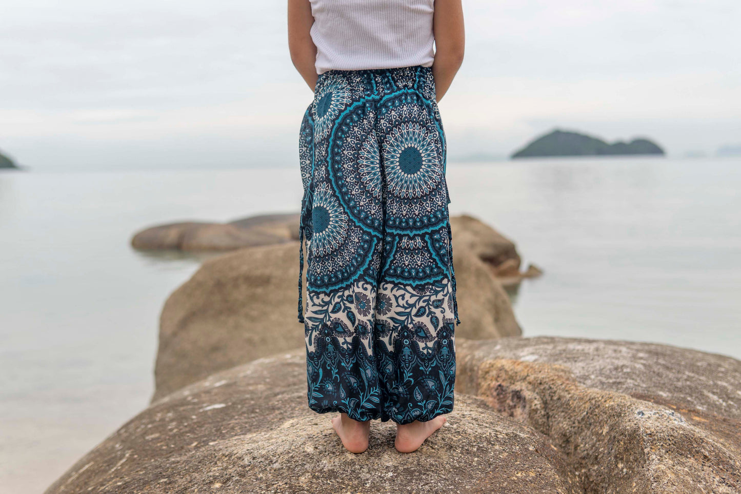 patterned harem pants with mandala pattern in blue and white for children