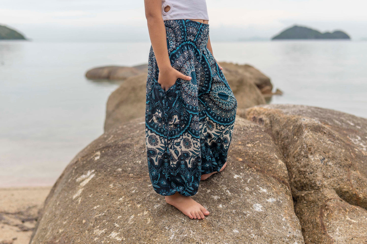 patterned harem pants with mandala pattern in blue and white for children