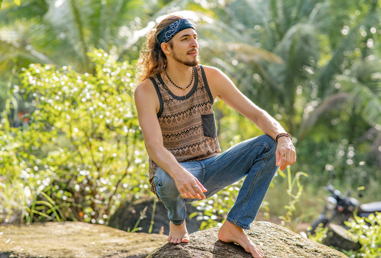 braun gemustertes Tanktop für Männer mit Brusttasche