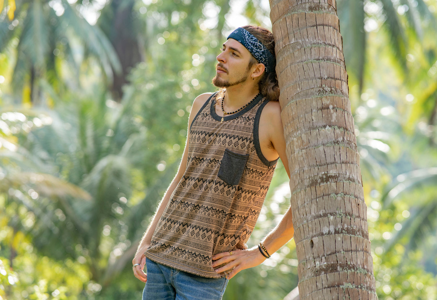braun gemustertes Tanktop für Männer mit Brusttasche