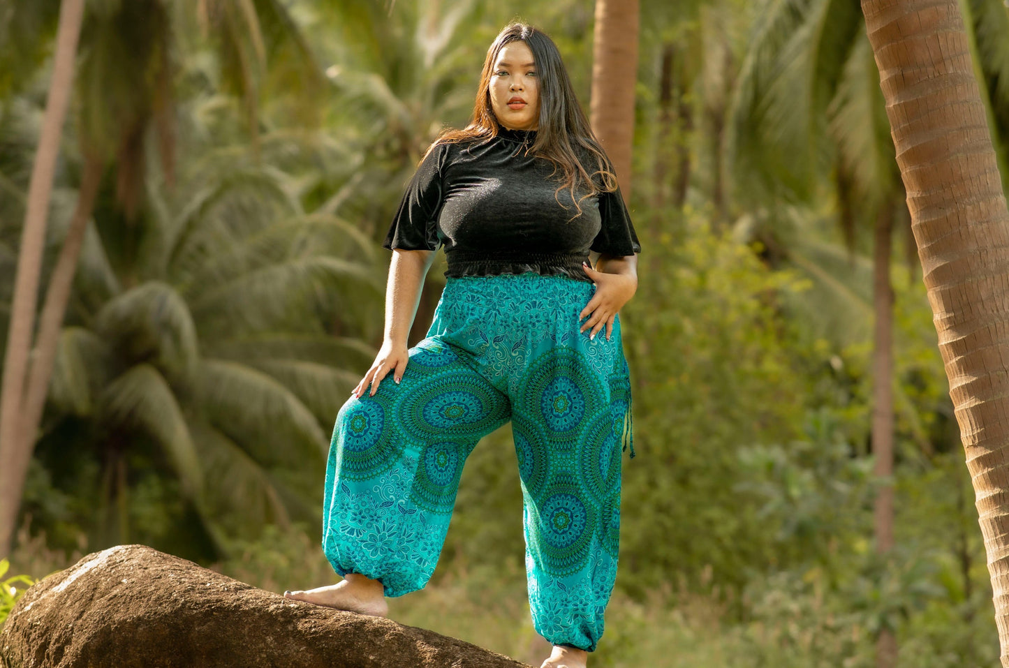PLUS SIZE airy harem pants with a mandala pattern in blue and turquoise tones