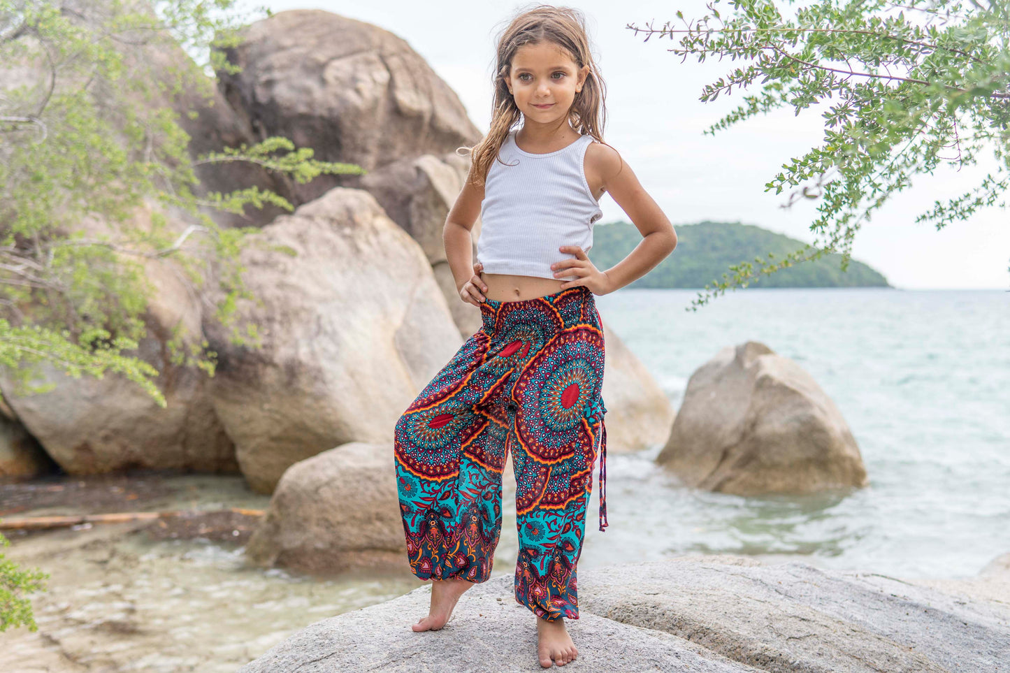 red orange turquoise patterned harem pants for children