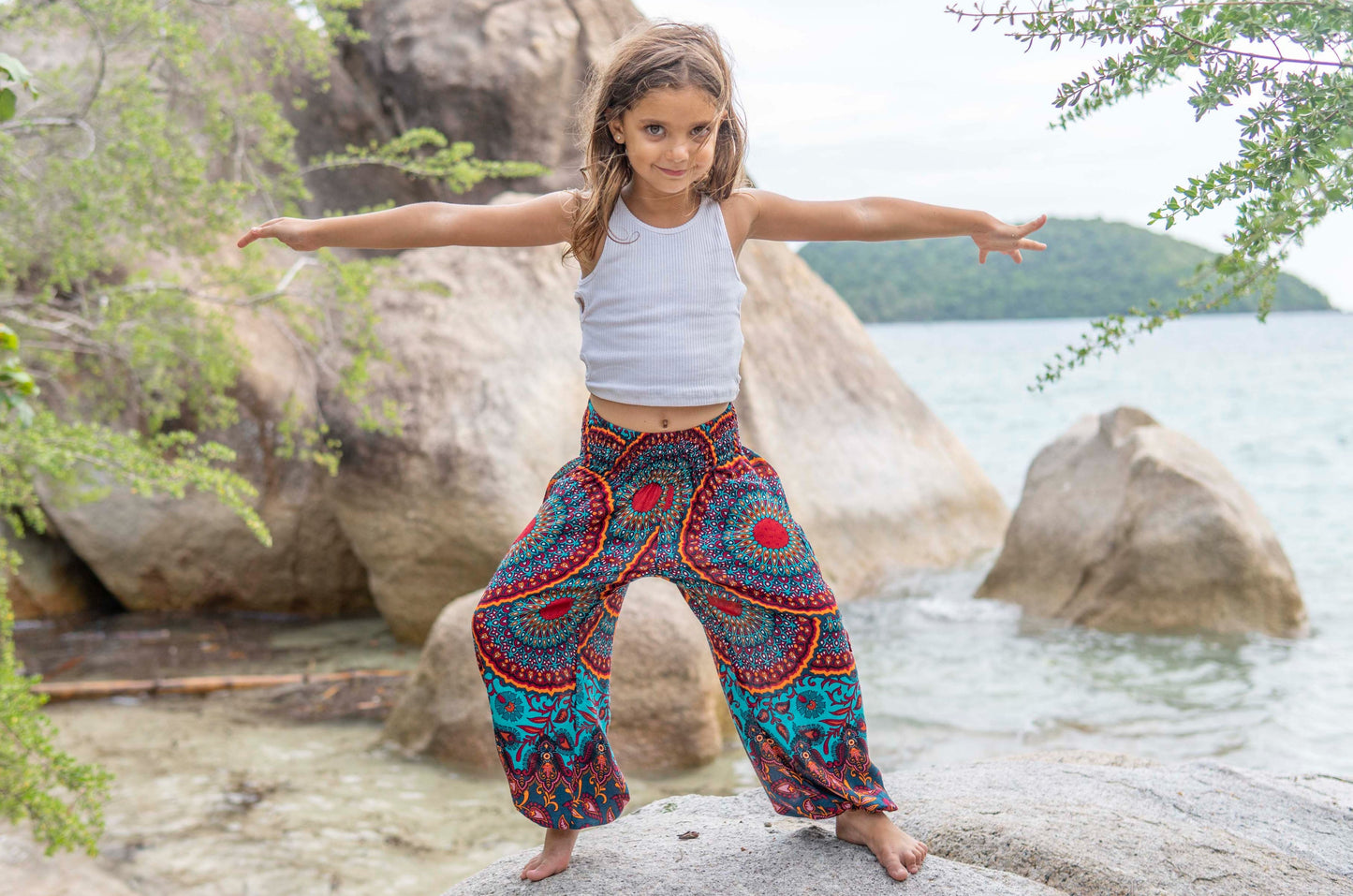 red orange turquoise patterned harem pants for children
