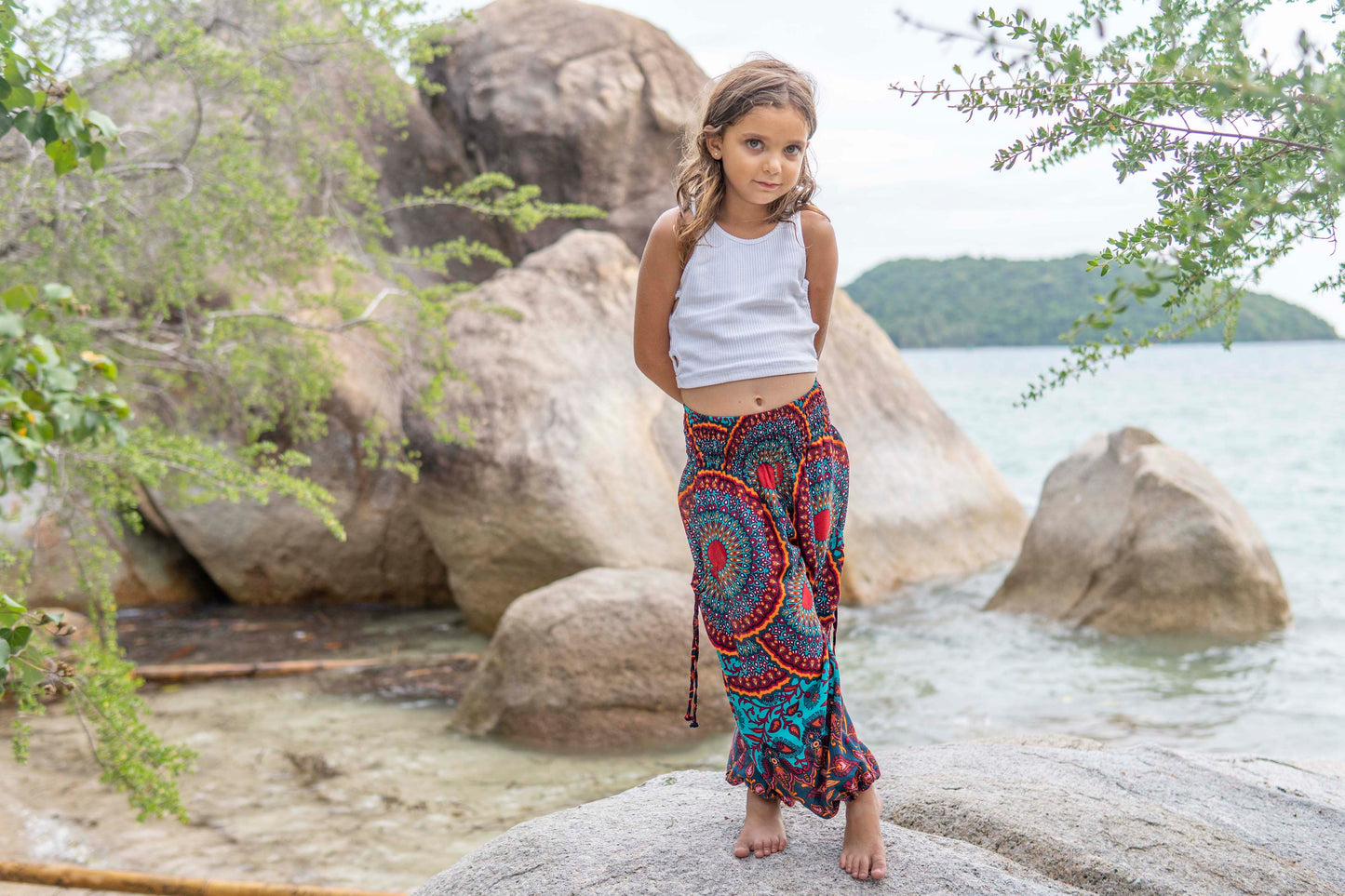 red orange turquoise patterned harem pants for children